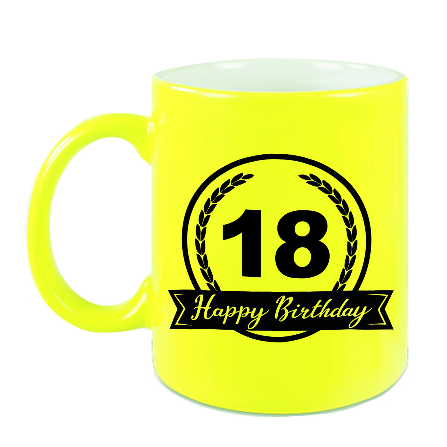 Happy Birthday 18 years cadeau mok-beker neon geel met wimpel 330 ml