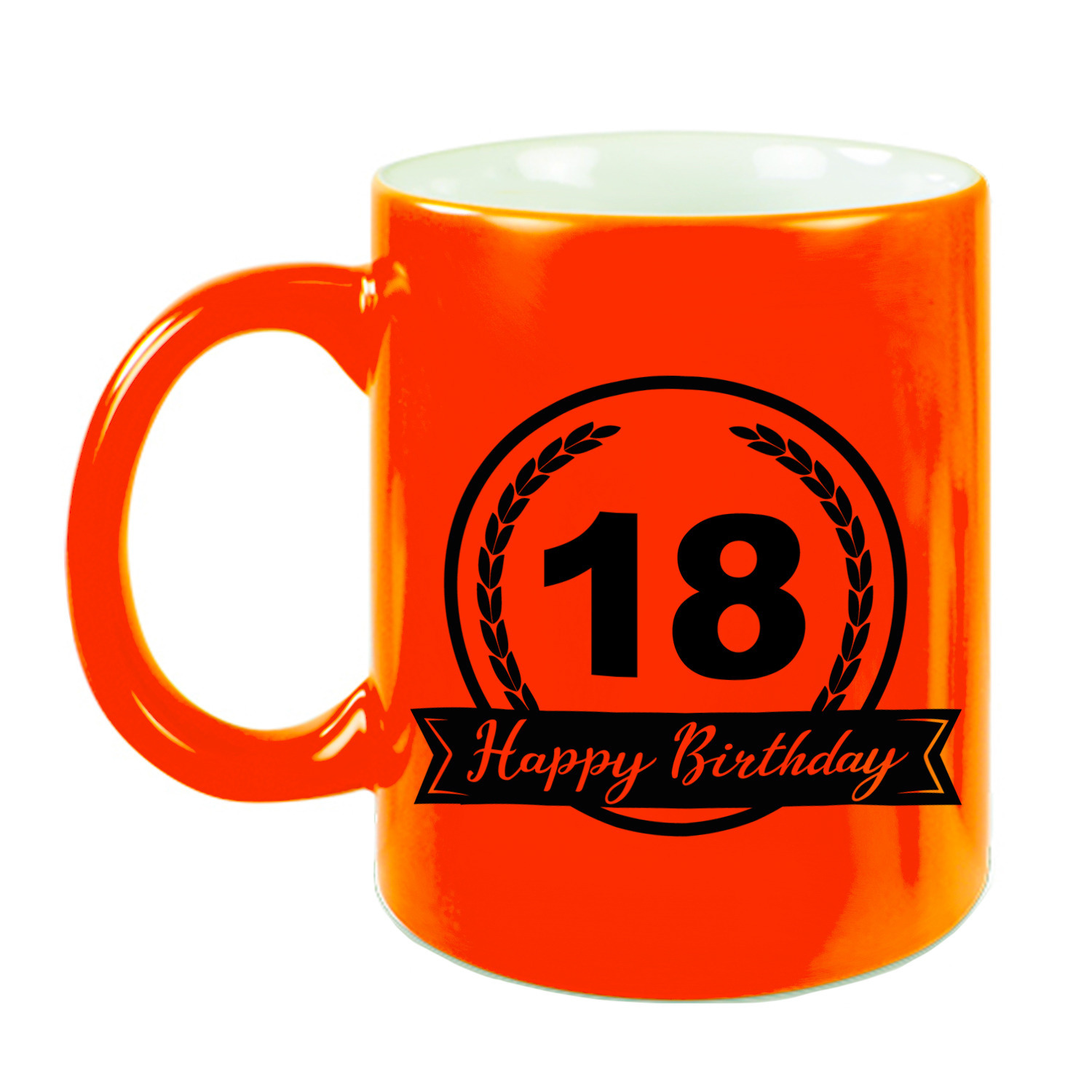 Happy Birthday 18 years cadeau mok-beker neon oranje met wimpel 330 ml