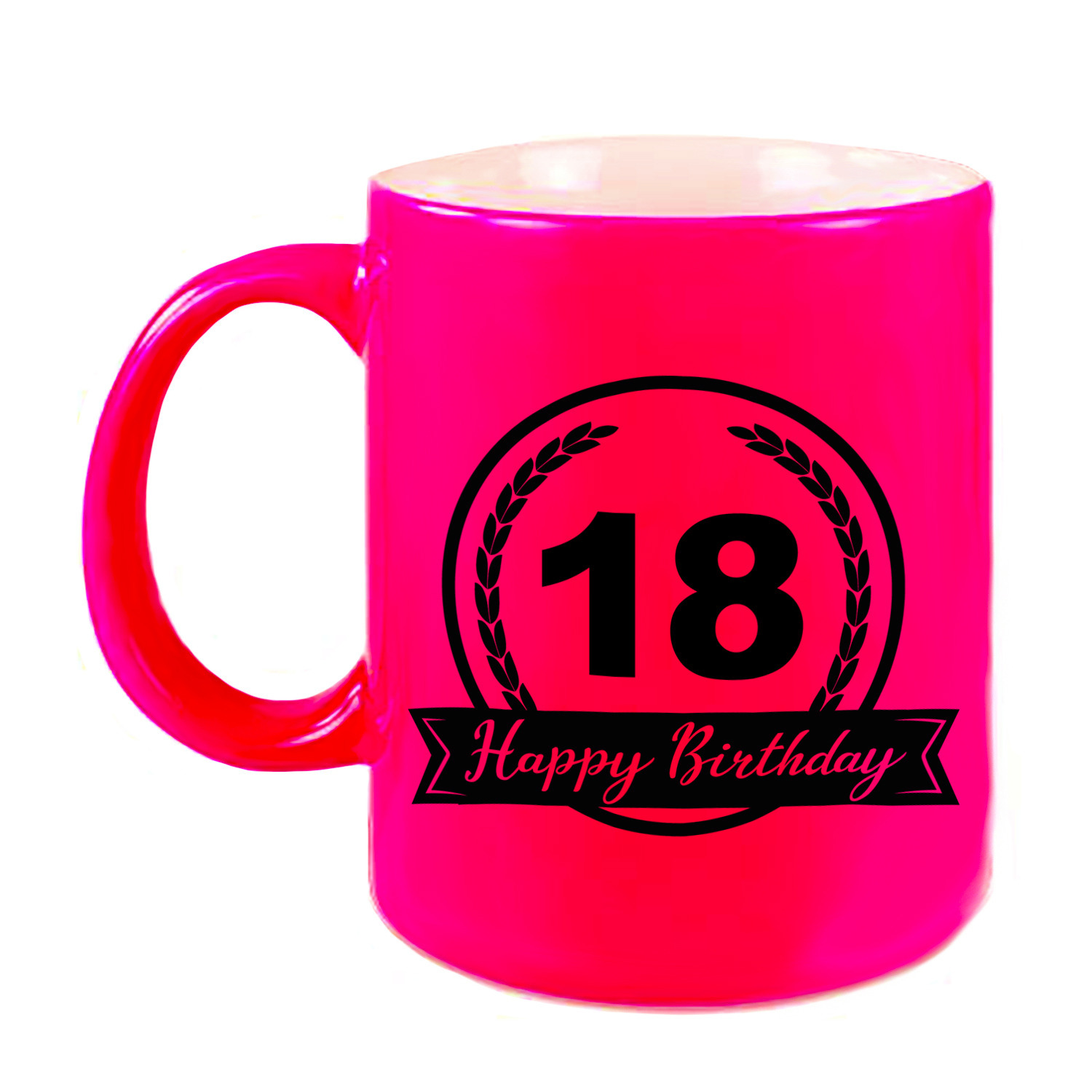 Happy Birthday 18 years cadeau mok-beker neon roze met wimpel 330 ml