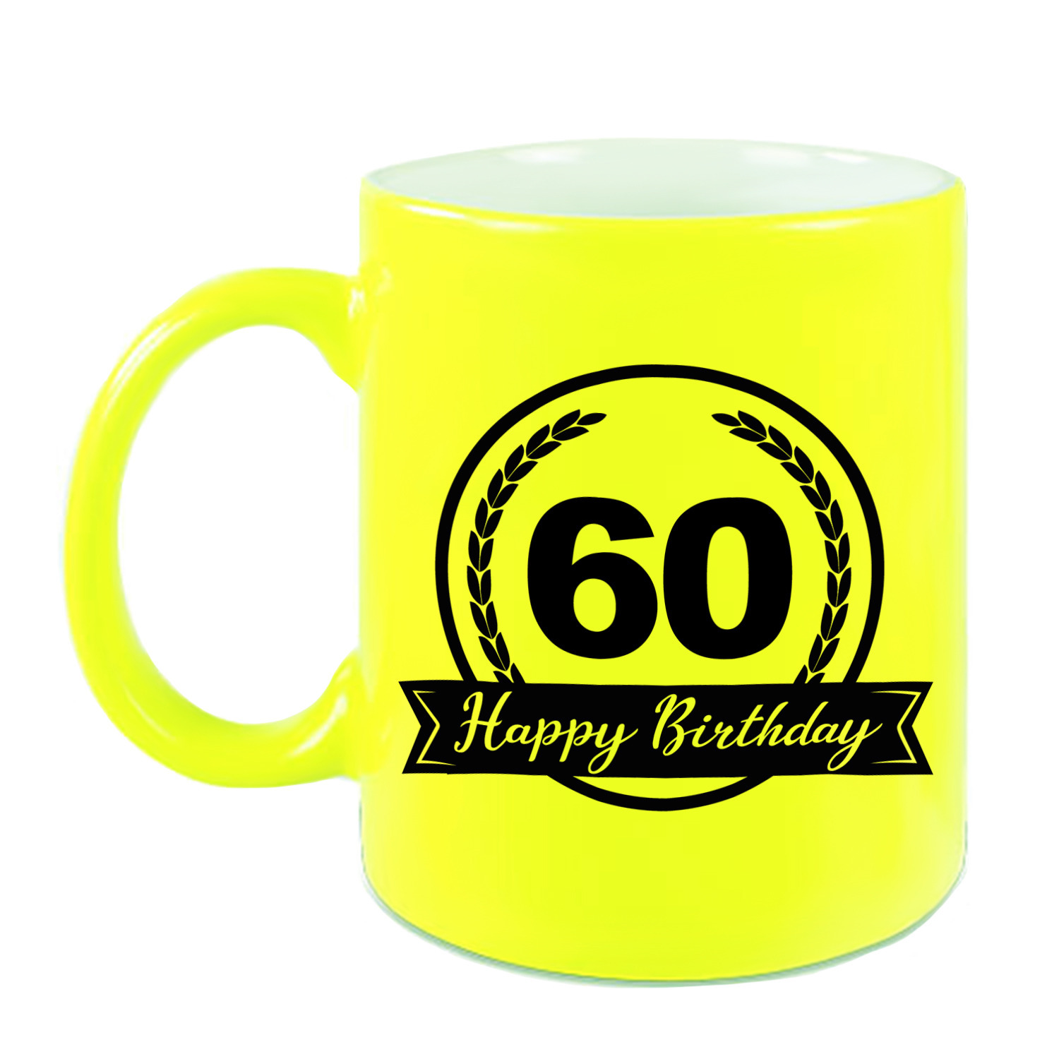 Happy Birthday 60 years cadeau mok-beker neon geel met wimpel 330 ml