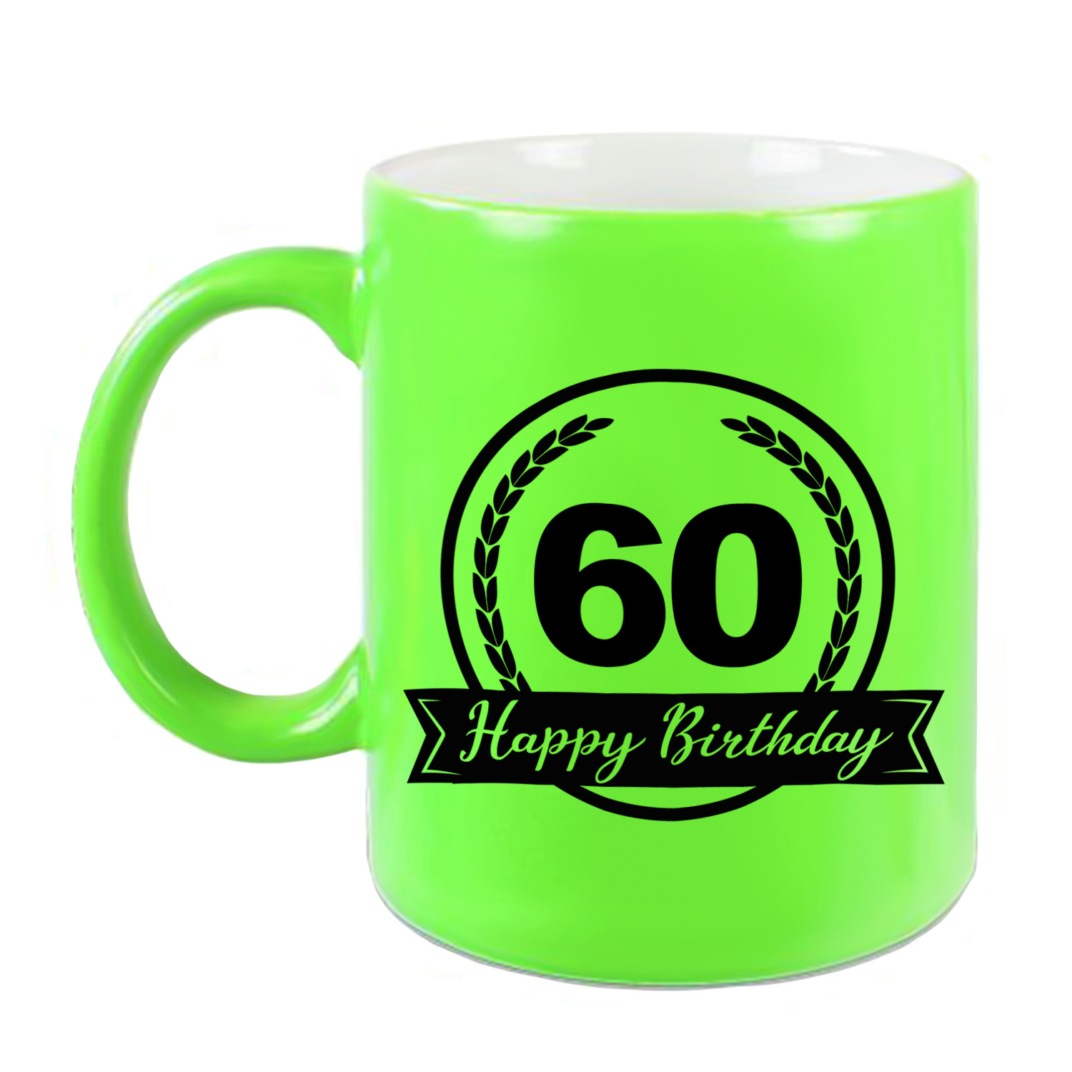 Happy Birthday 60 years cadeau mok-beker neon groen met wimpel 330 ml