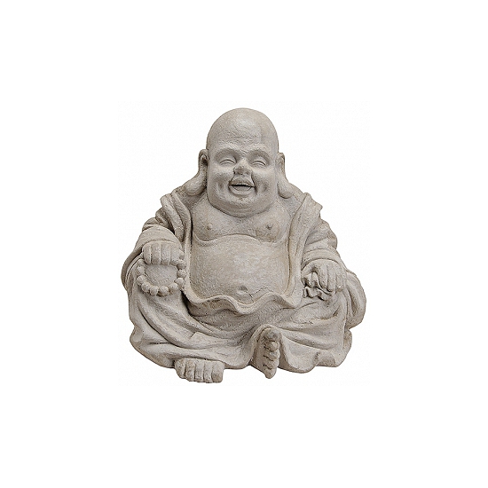 Happy boeddha beeldje kunststeen lichtgrijs 32 x 35 cm binnen-buiten