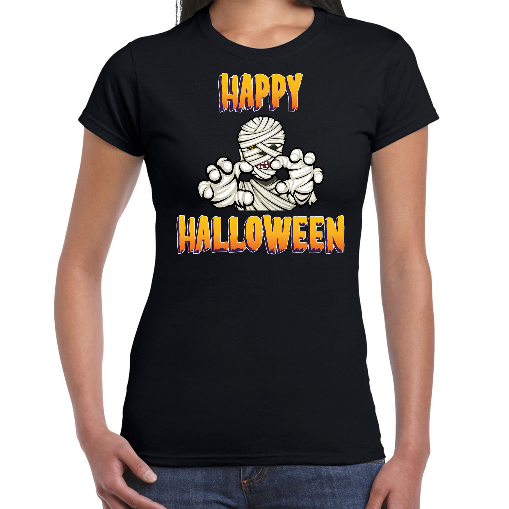 Happy Halloween horror mummie verkleed t-shirt zwart voor dames