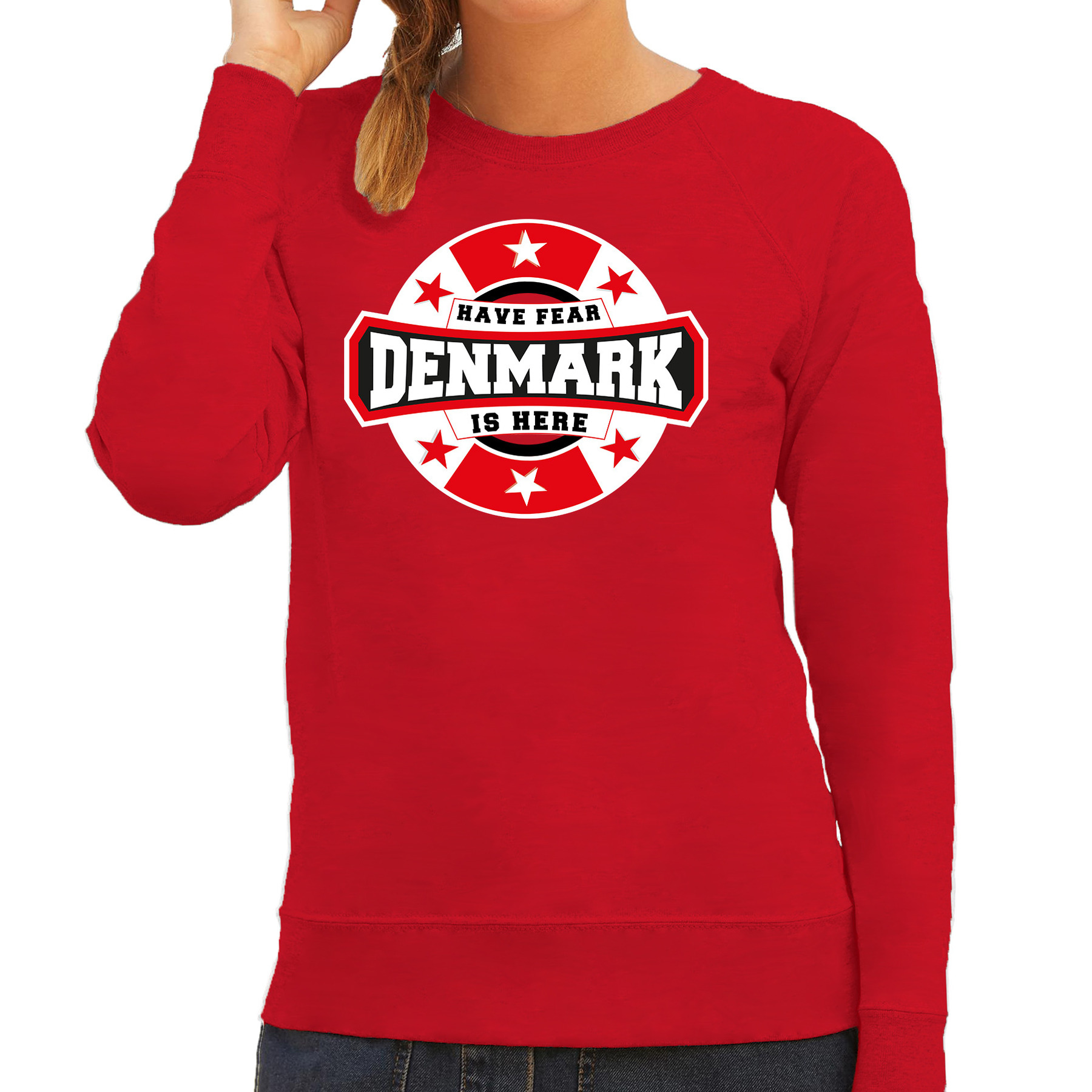 Have fear Denmark is here-Denemarken supporter sweater rood voor dames
