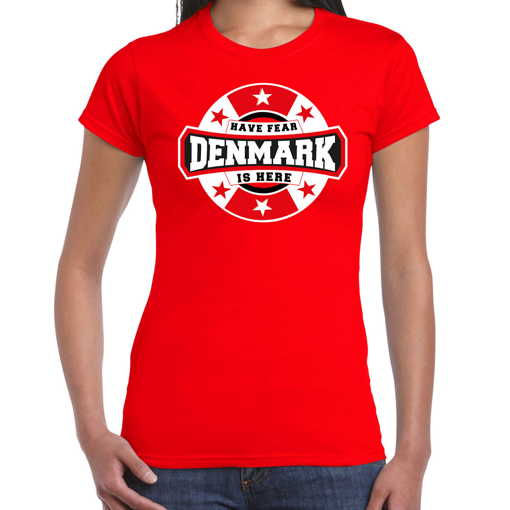 Have fear Denmark is here-Denemarken supporter t-shirt rood voor dames