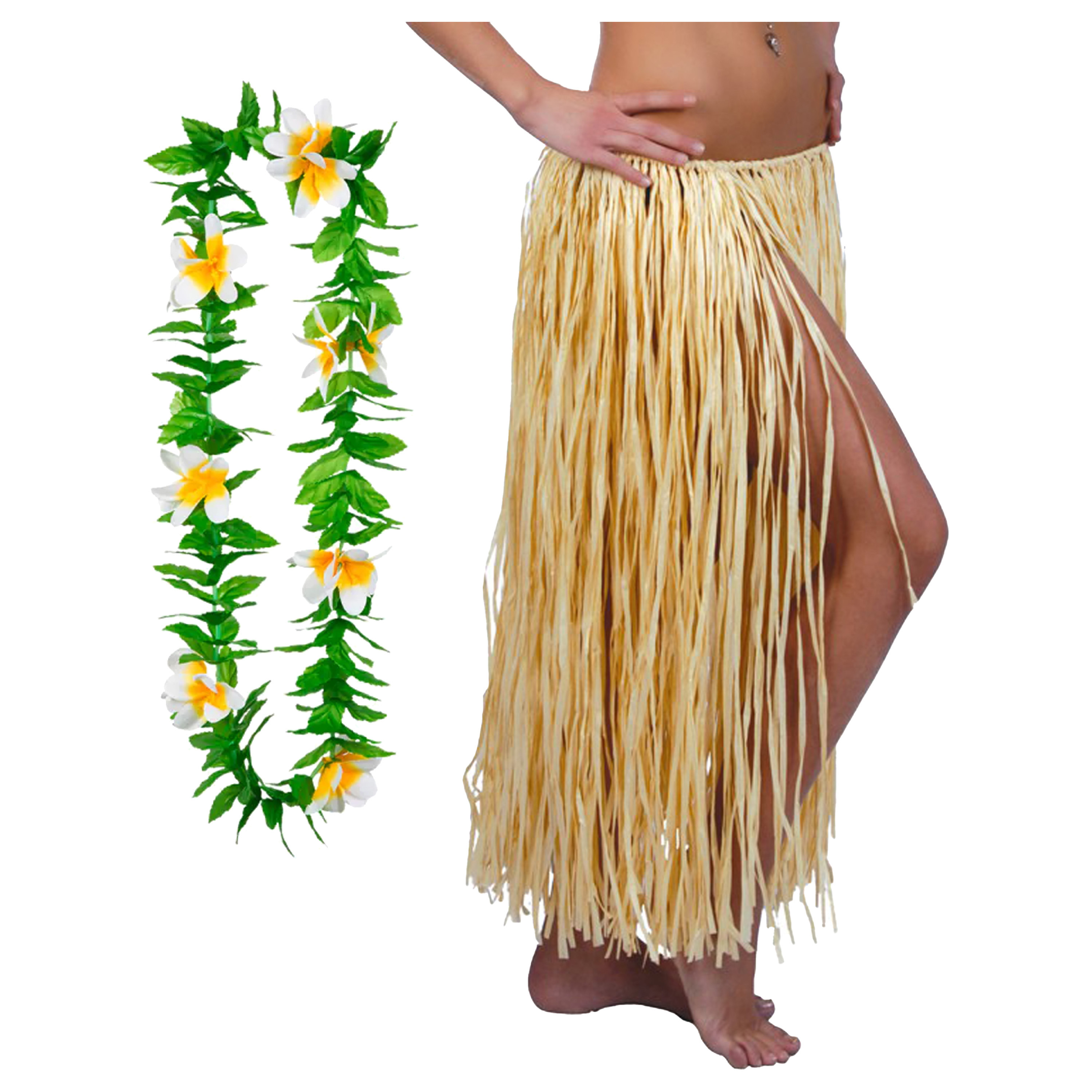 Hawaii verkleed hoela rokje en bloemenkrans volwassenen naturel tropisch themafeest hoela