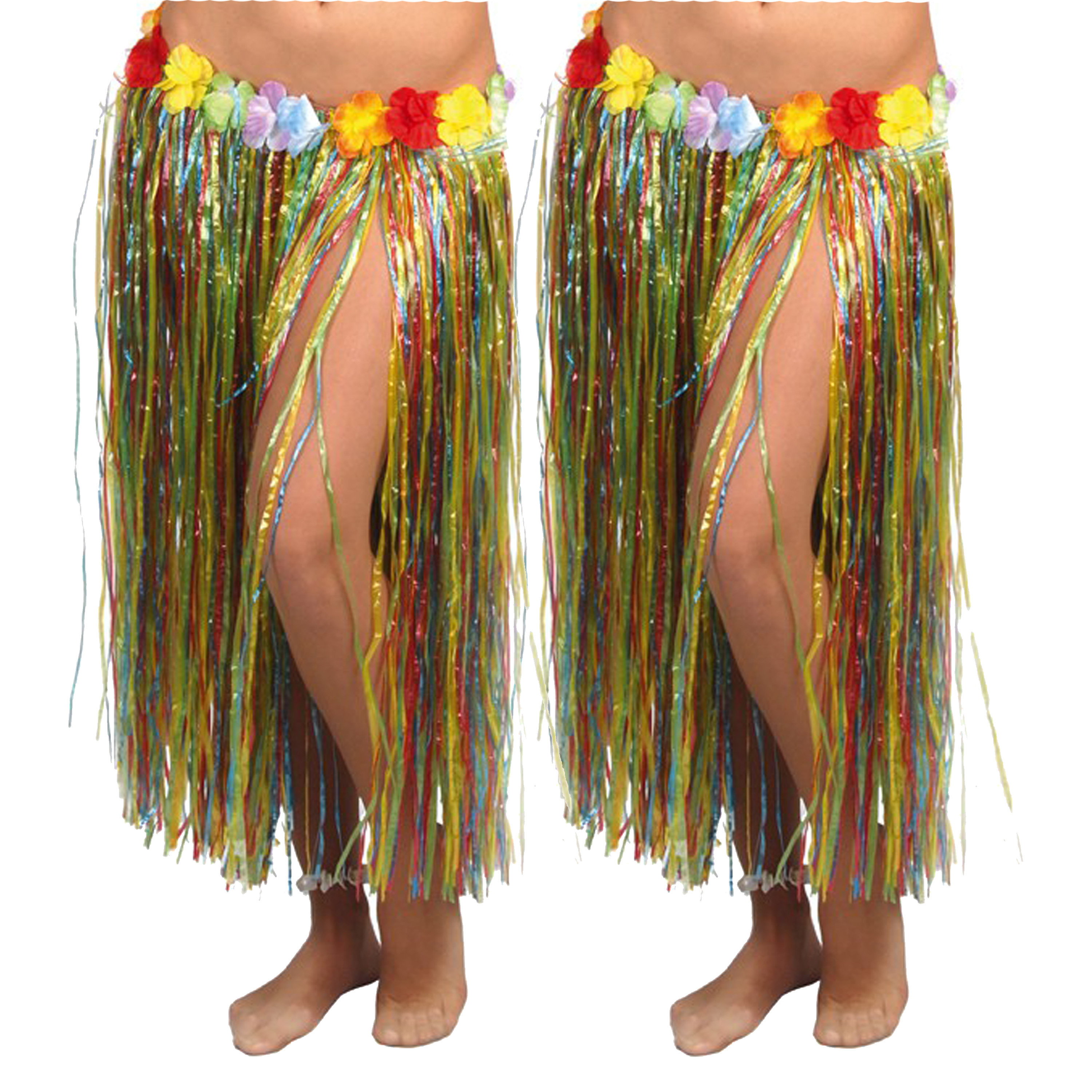 Hawaii verkleed rokje 2x voor volwassenen multicolour 75 cm rieten hoela rokje tropisch