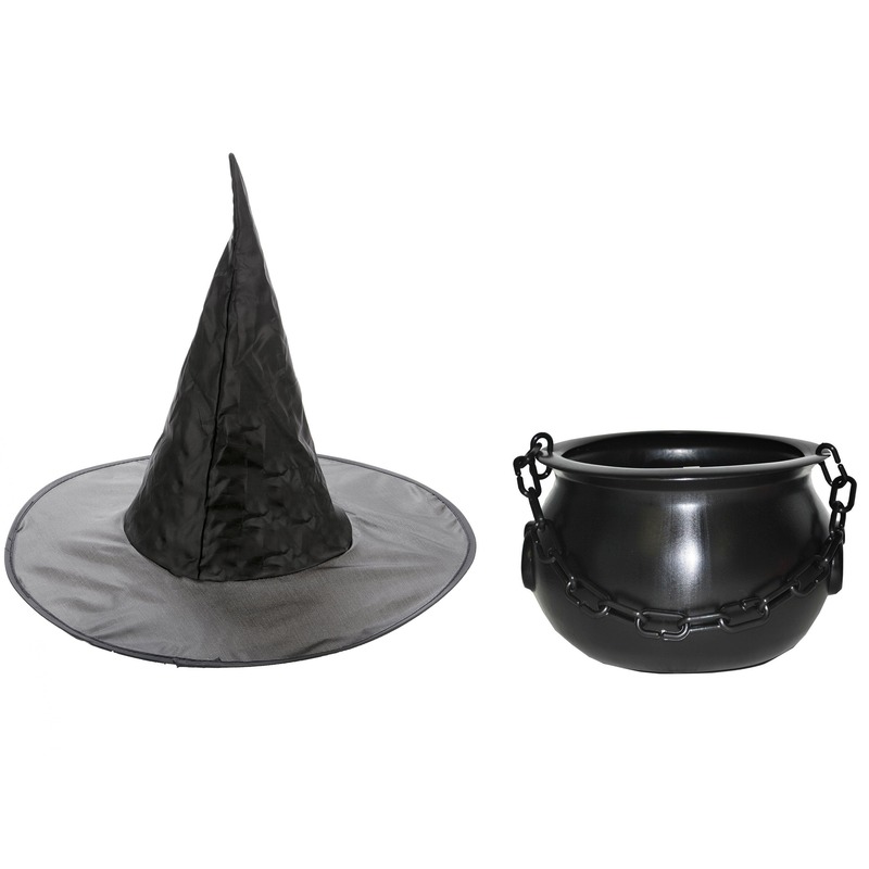 Heksen accessoires set hoed met ketel 24 cm voor meisjes
