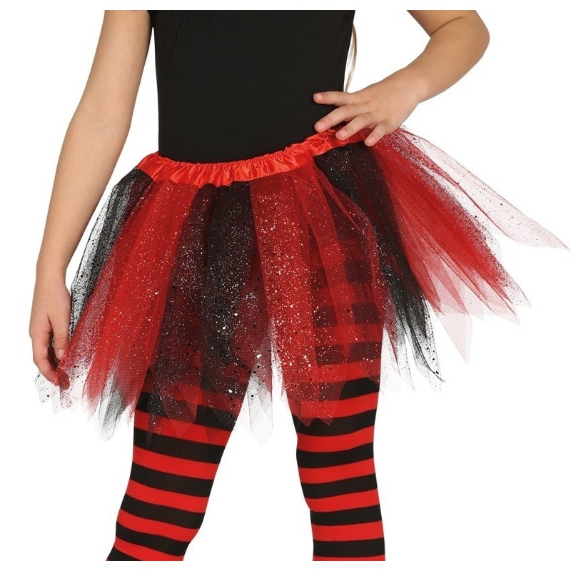 Heksen verkleed petticoat-tutu zwart-rood glitters voor meisjes