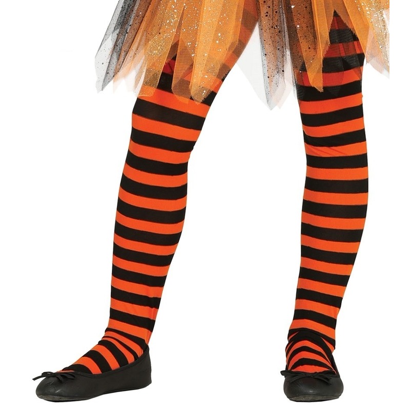 Heksen verkleedaccessoires panty maillot zwart-oranje voor meisj