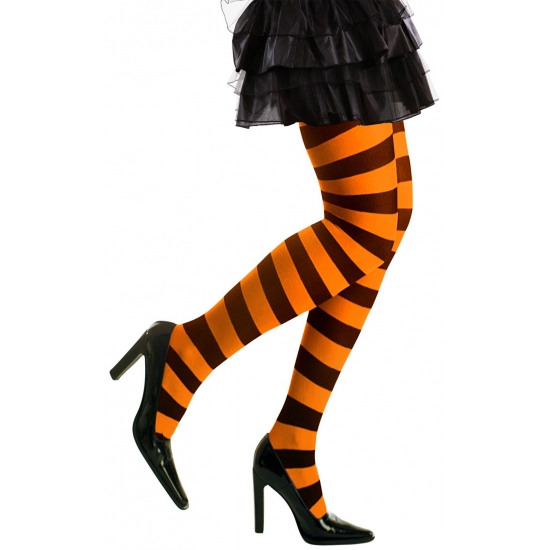 Heksen verkleedaccessoires panty zwart/oranje voor dames maat XL