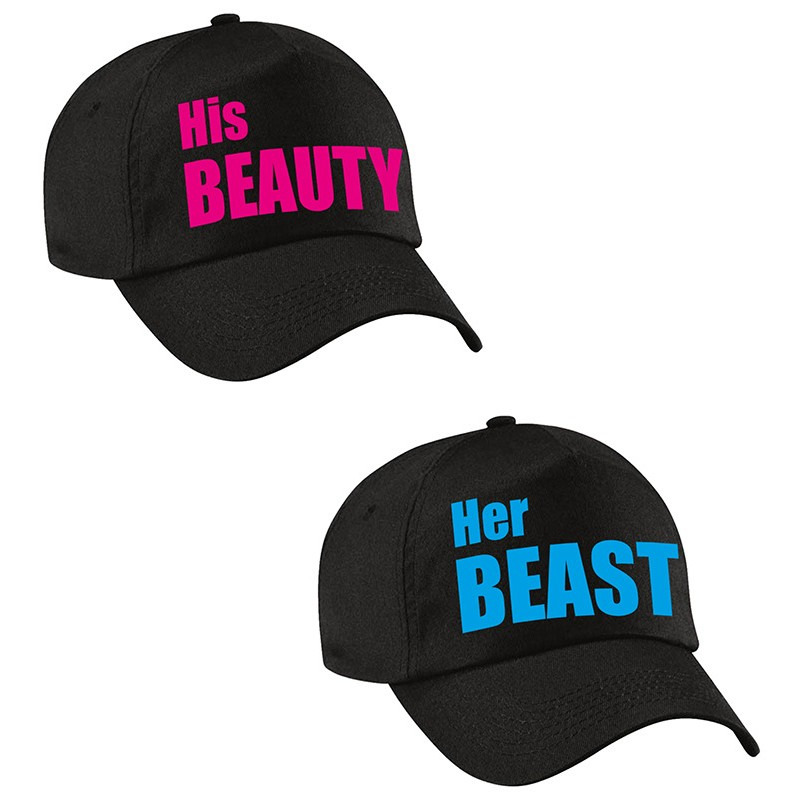 Her Beast en His beauty caps blauw-roze tekst volwassenen