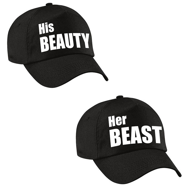 Her Beast en His beauty caps zwart met witte tekst volwassenen