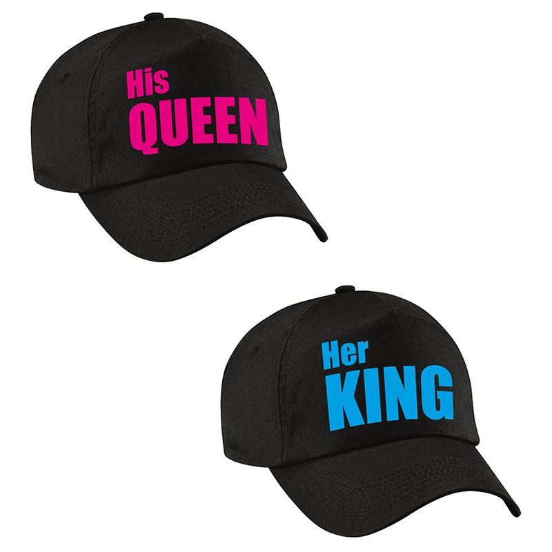 Her King-His Queen zwarte petten blauw-roze tekst volwassenen