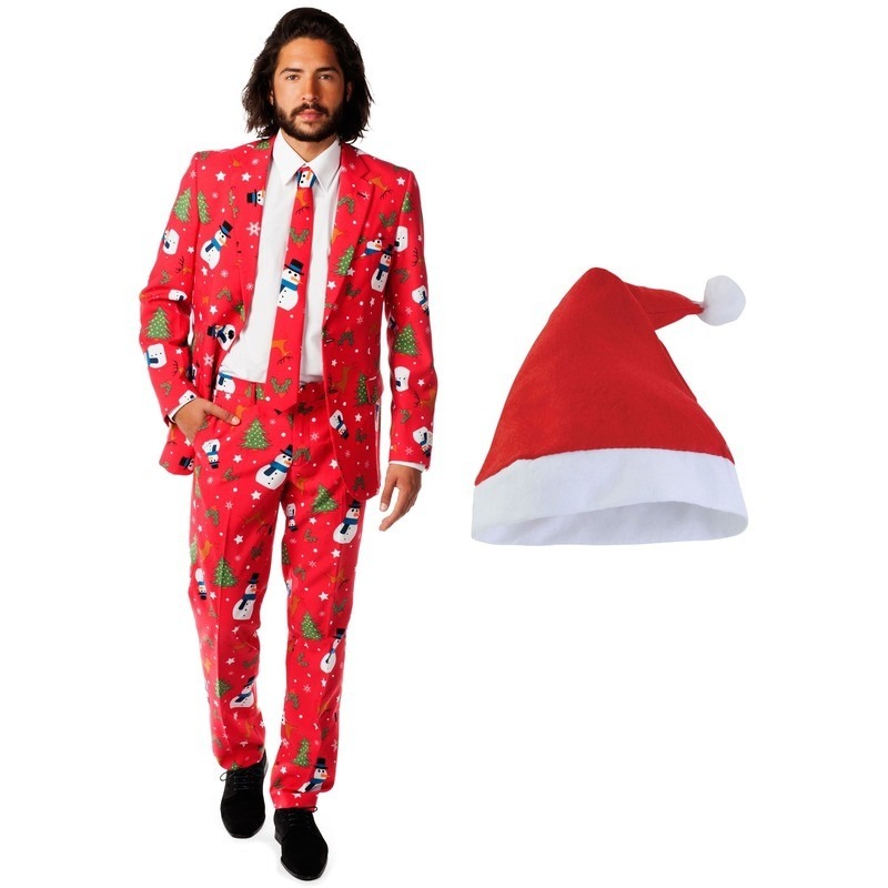 Heren Opposuits Kerst kostuum rood met kerstmuts - maat 52 (XL)