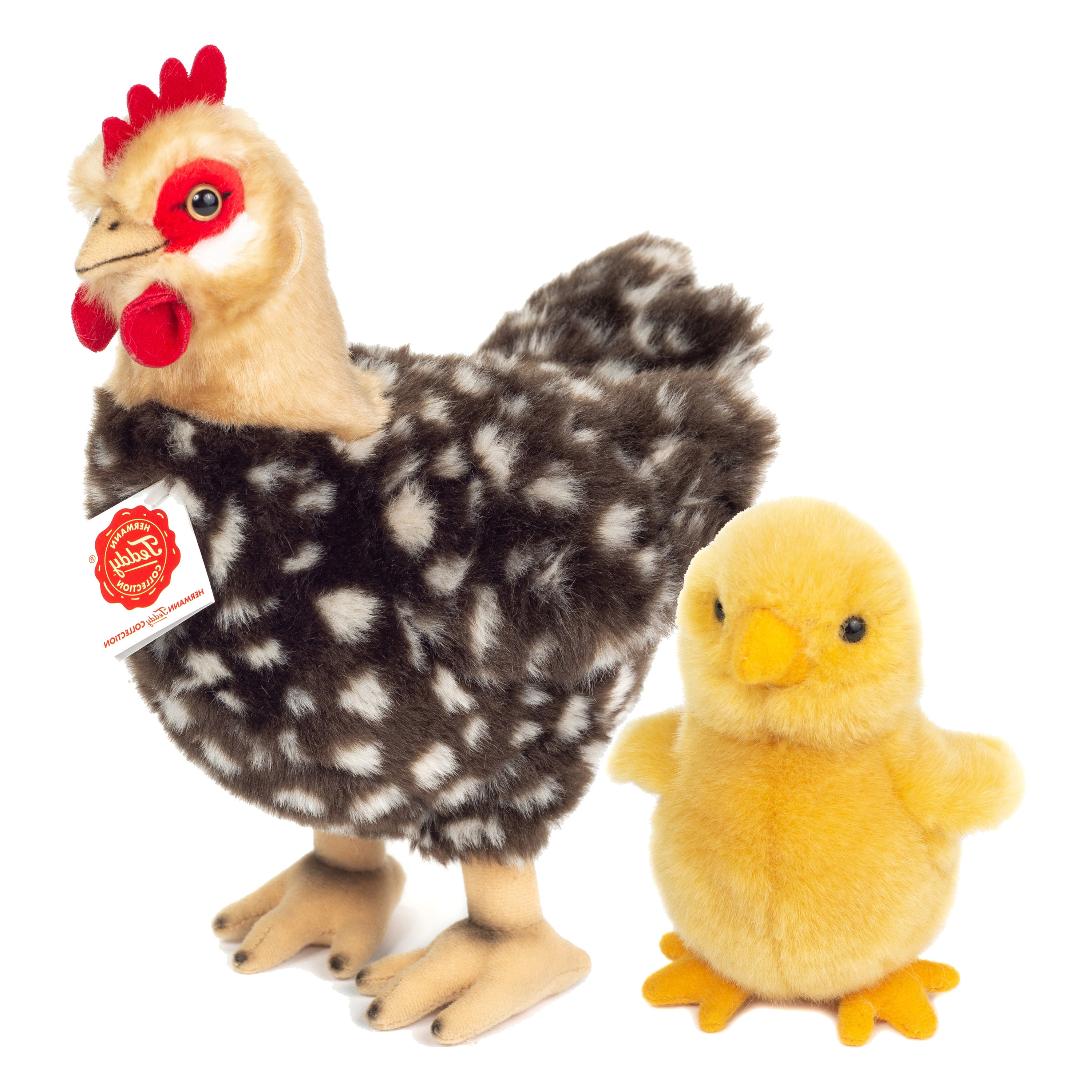 Hermann Teddy Pluche kip knuffel 24 cm multi kleur met een kuiken van 10 cm kippen familie