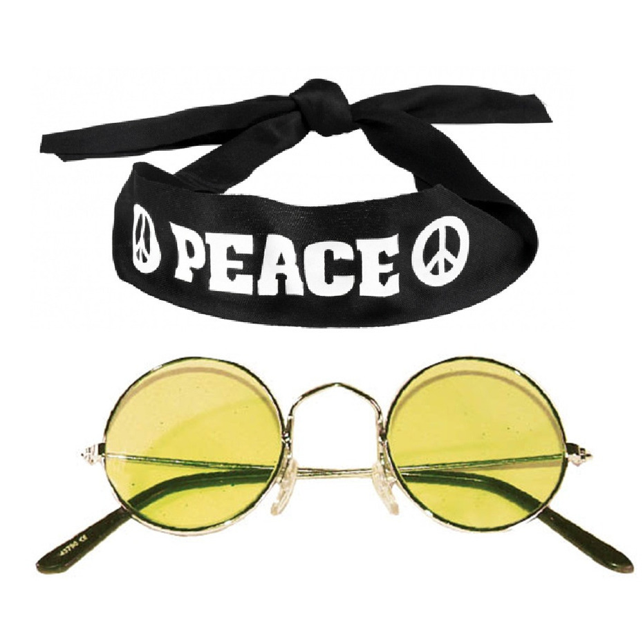 Hippie Flower Power verkleedset hoofdband met ronde glazen bril geel -