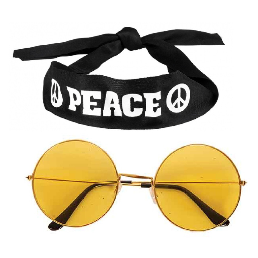 Hippie Flower Power verkleedset hoofdband met ronde glazen bril geel