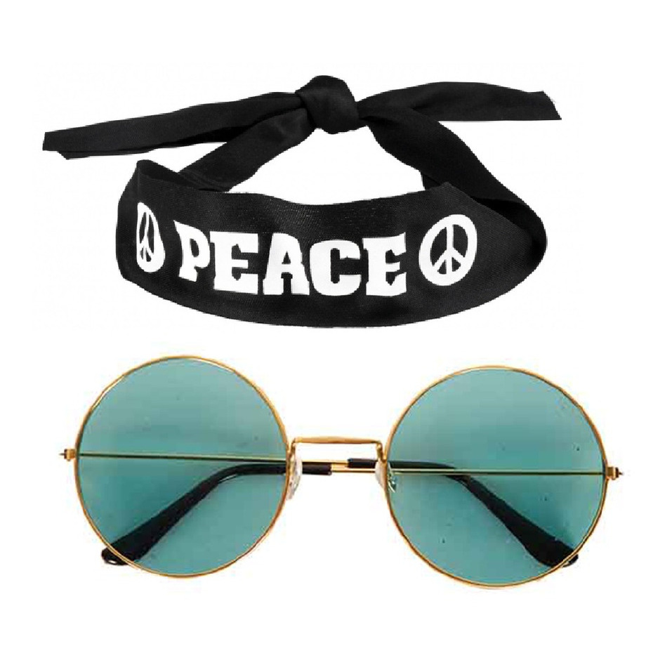 Hippie Flower Power verkleedset hoofdband met ronde glazen bril groen