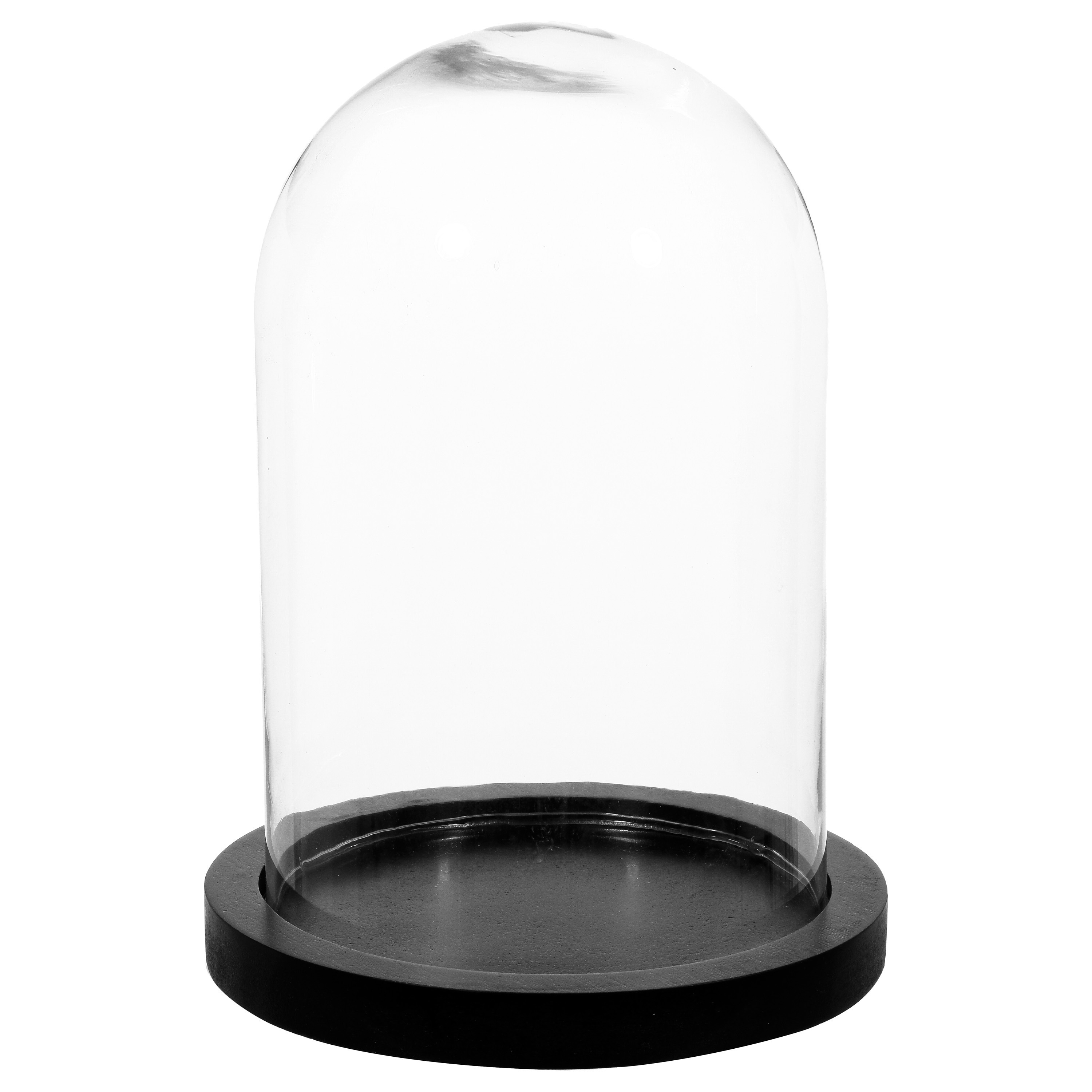 Home decoratie glazen stolp op houten plateau glas-zwart D18 x H26 cm