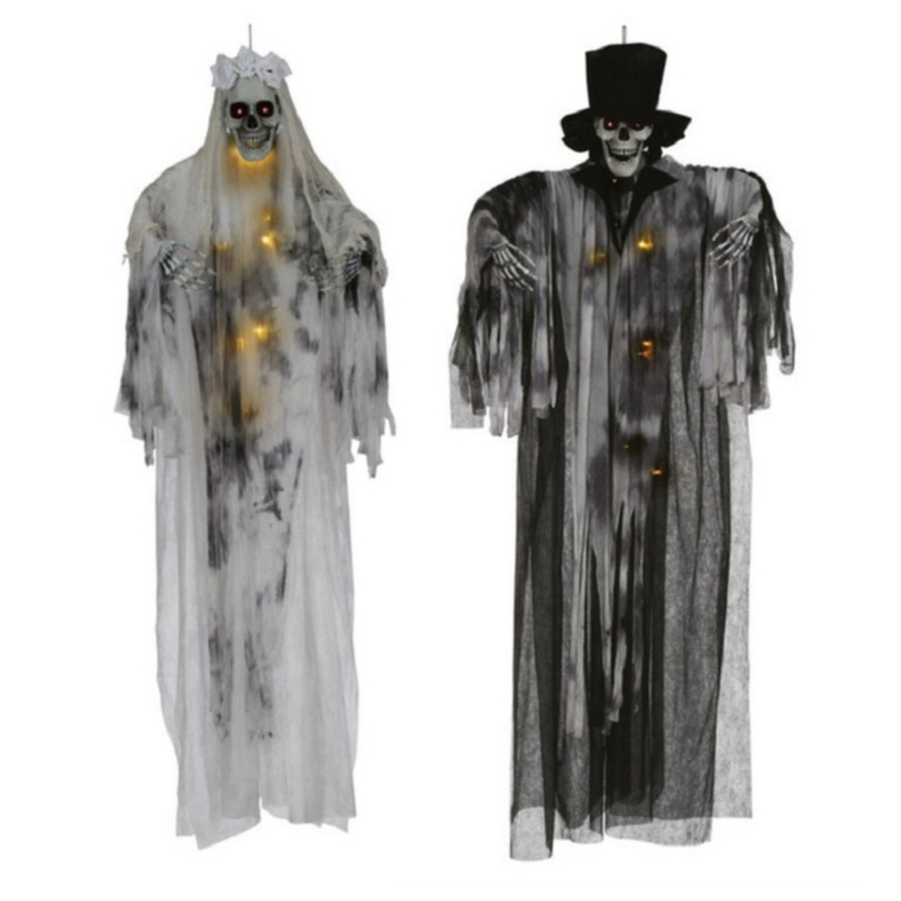 Horror-halloween decoratie spook bruid en bruidegom poppen set met verlichting hangend 180 cm