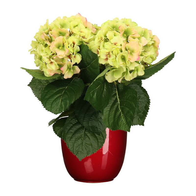 Hortensia kunstplant-kunstbloemen 36 cm groen-roze in pot rood glans