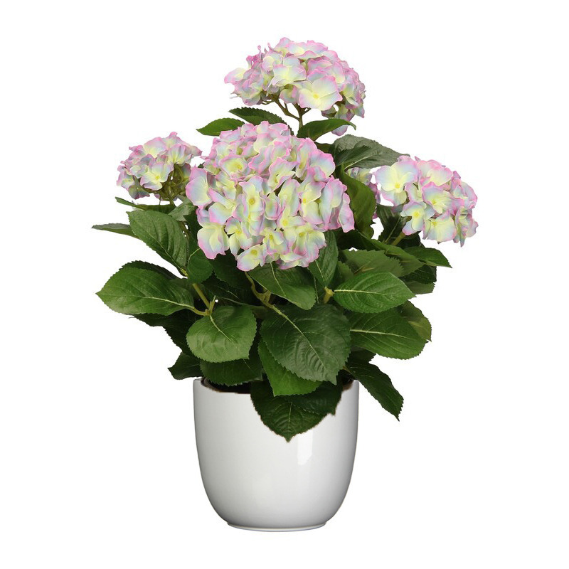 Hortensia kunstplant-kunstbloemen 45 cm paars-groen in pot wit glans