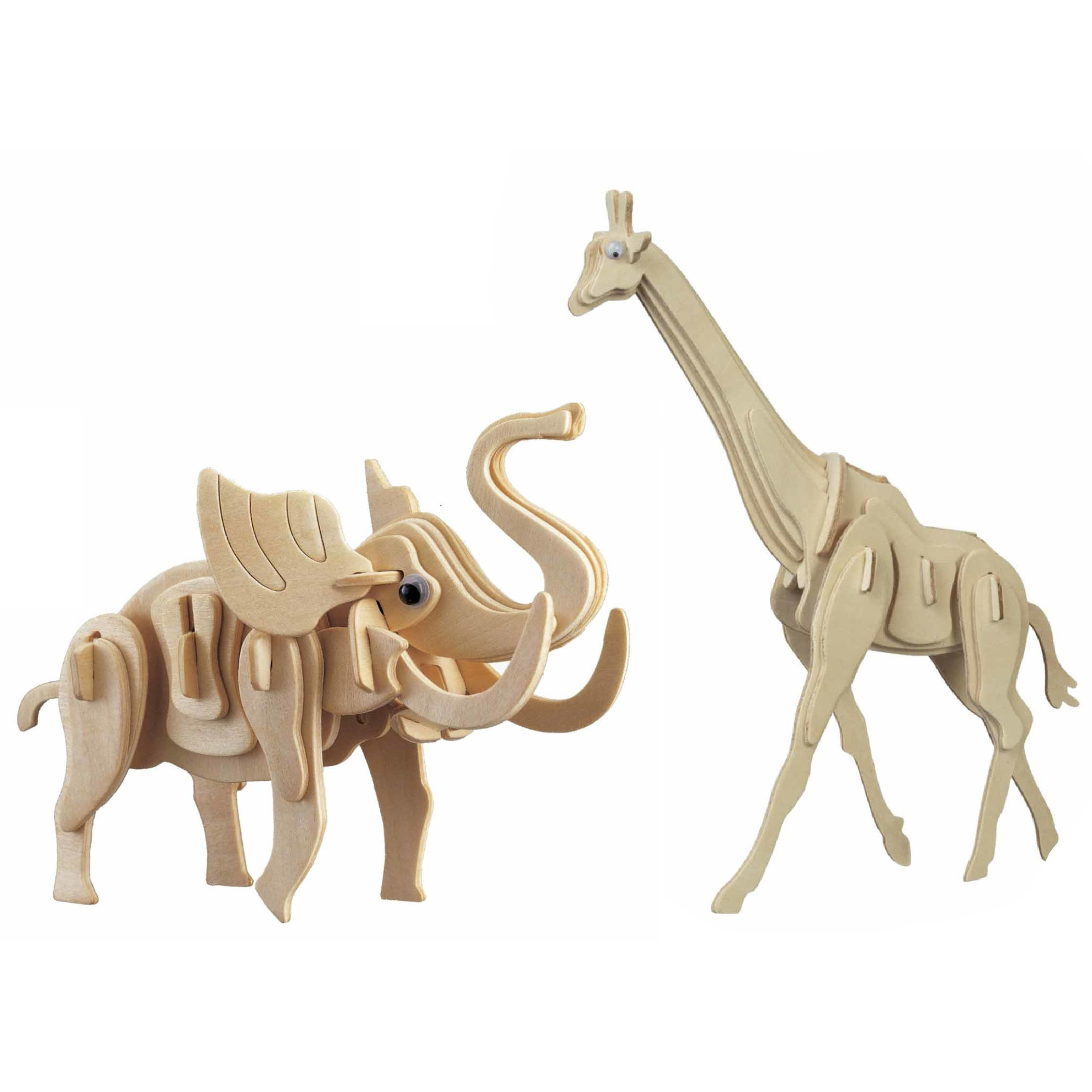 Houten 3D dieren puzzel bouwpakket set Olifant en Giraffe