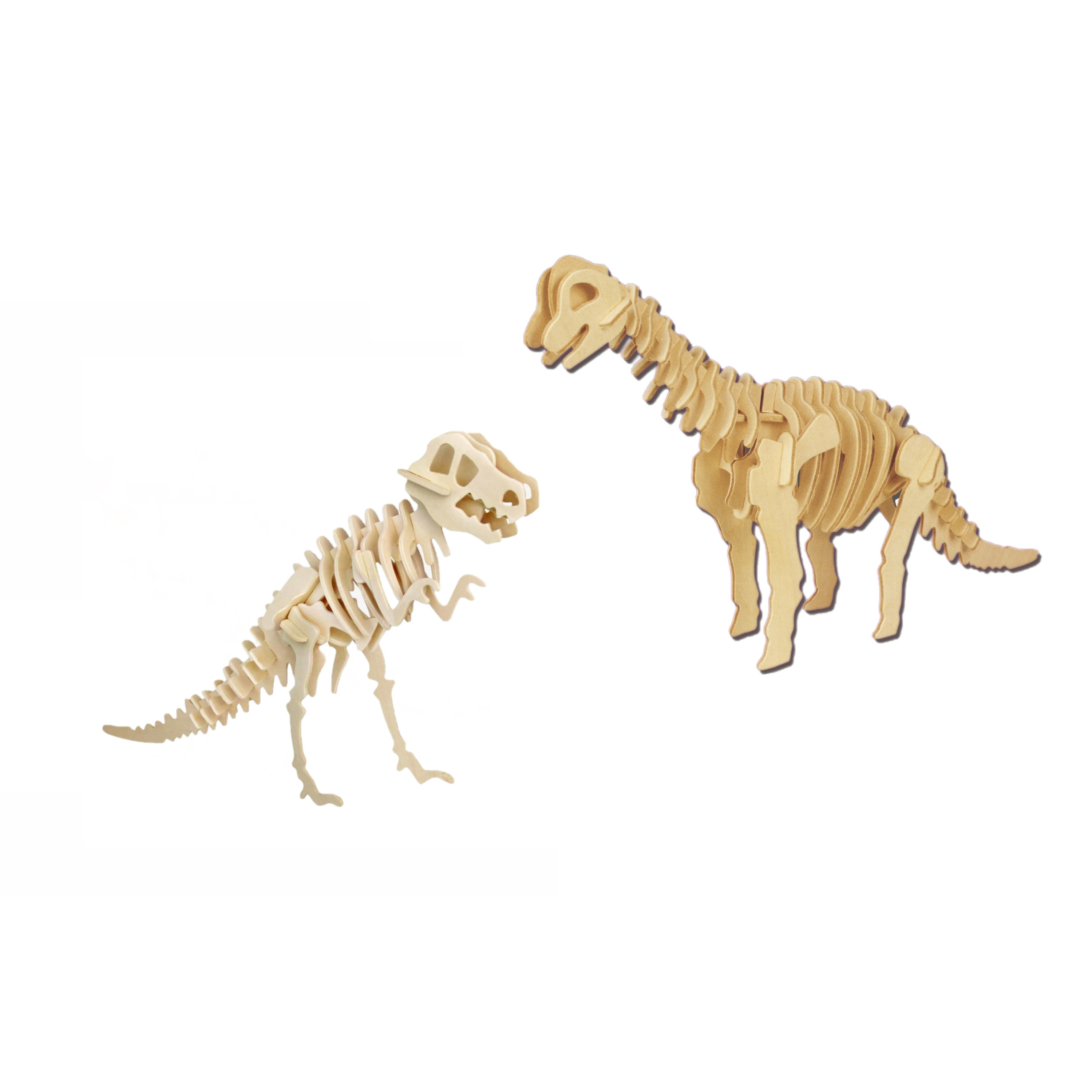 Houten 3D dino puzzel bouwpakket set T-rex en Brachiosaurus