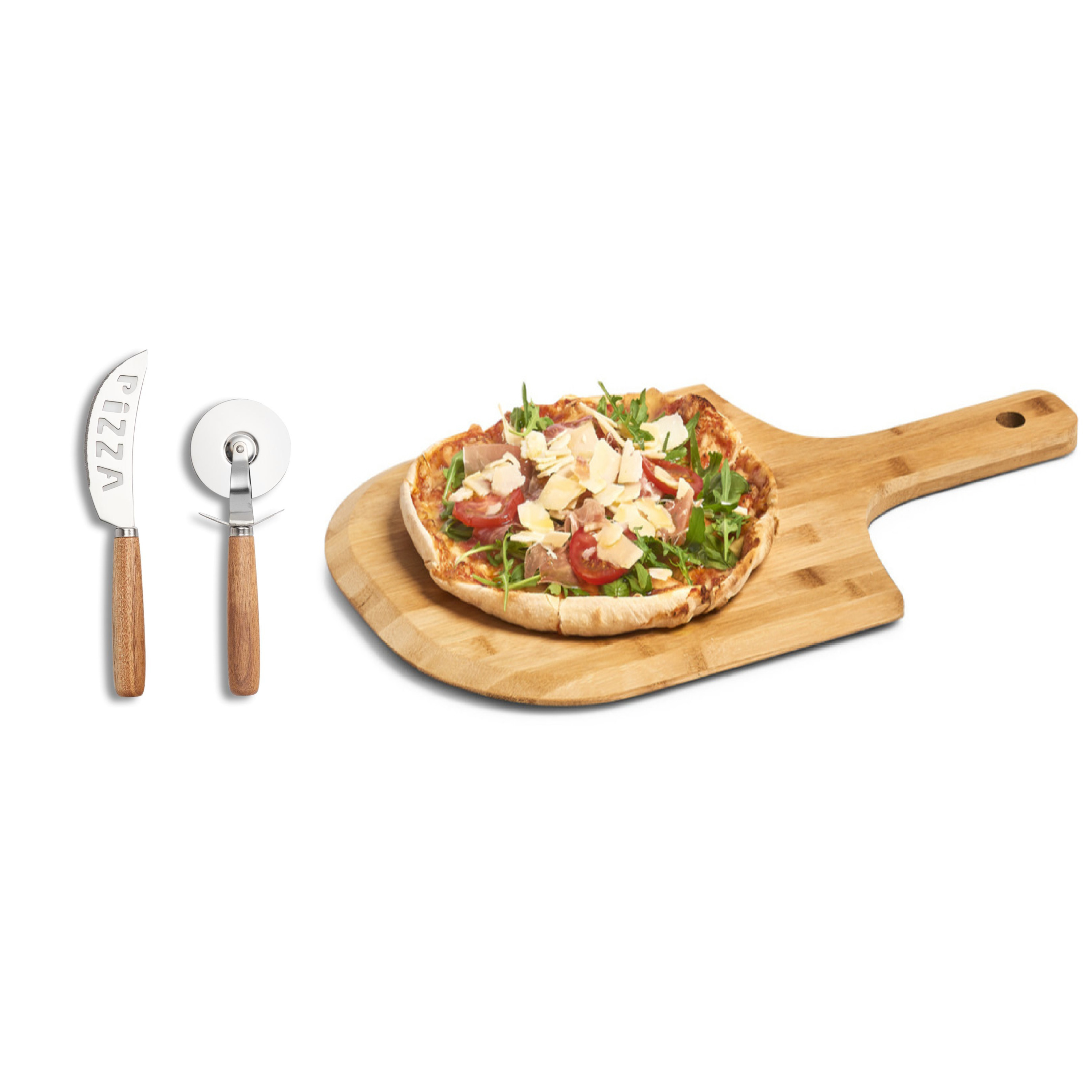 Houten pizza snijplank-bord 53 cm met pizzasnijder set