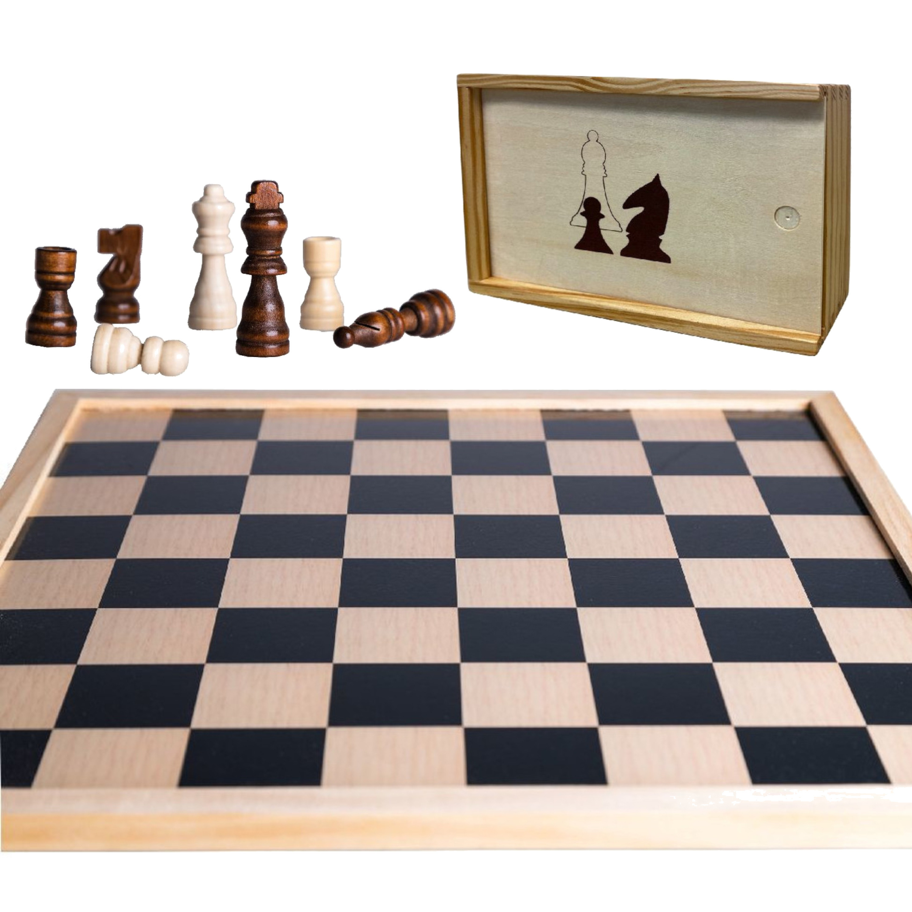 Houten schaakbord-dambord 40 x 40 cm met schaakstukken in opbergkistje