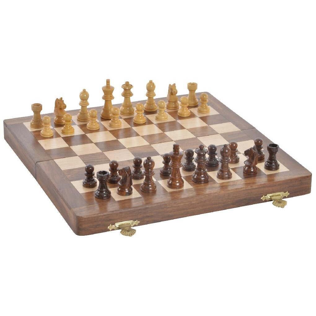 Houten schaakspel in kist-koffer 25 x 25 cm