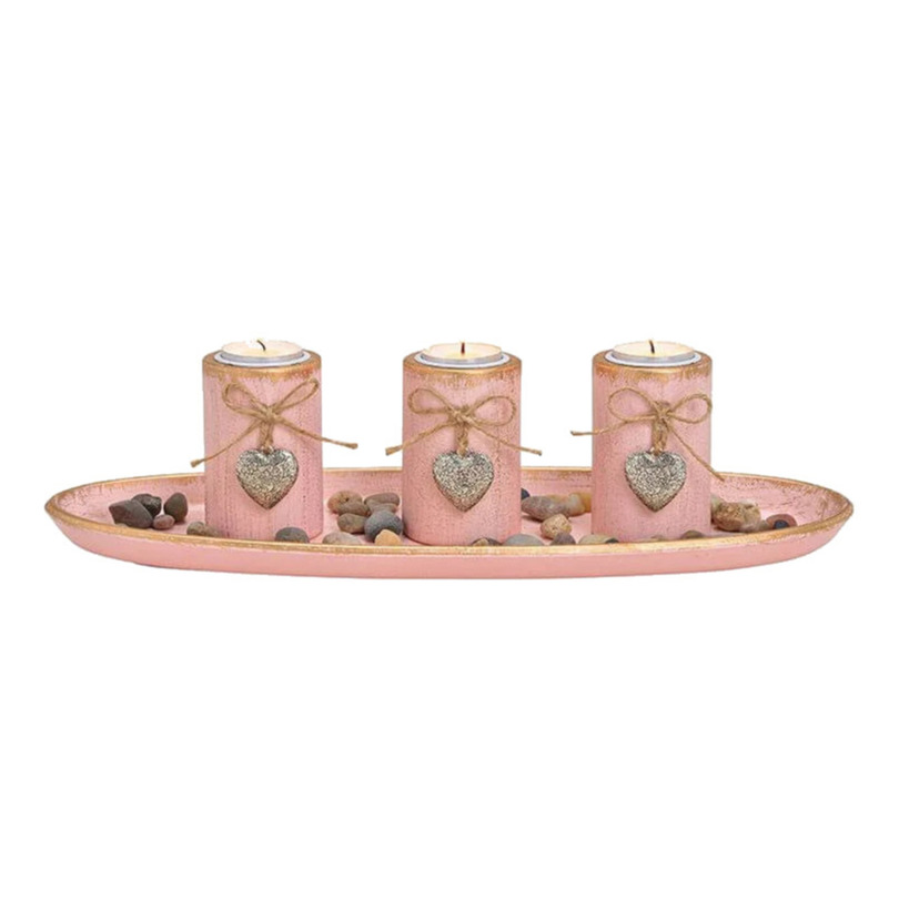 Houten schaal roze met 3 waxinelicht-theelicht houders met hartjes