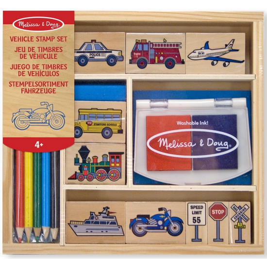 Houten speelgoed stempelset voertuigen -
