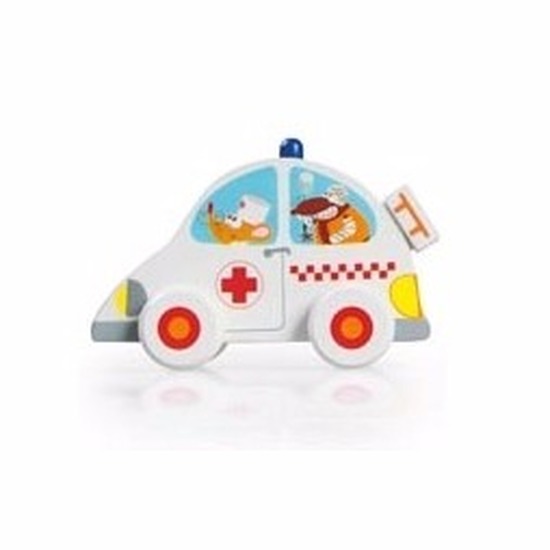 Houten speelgoed witte ambulance 10 cm -
