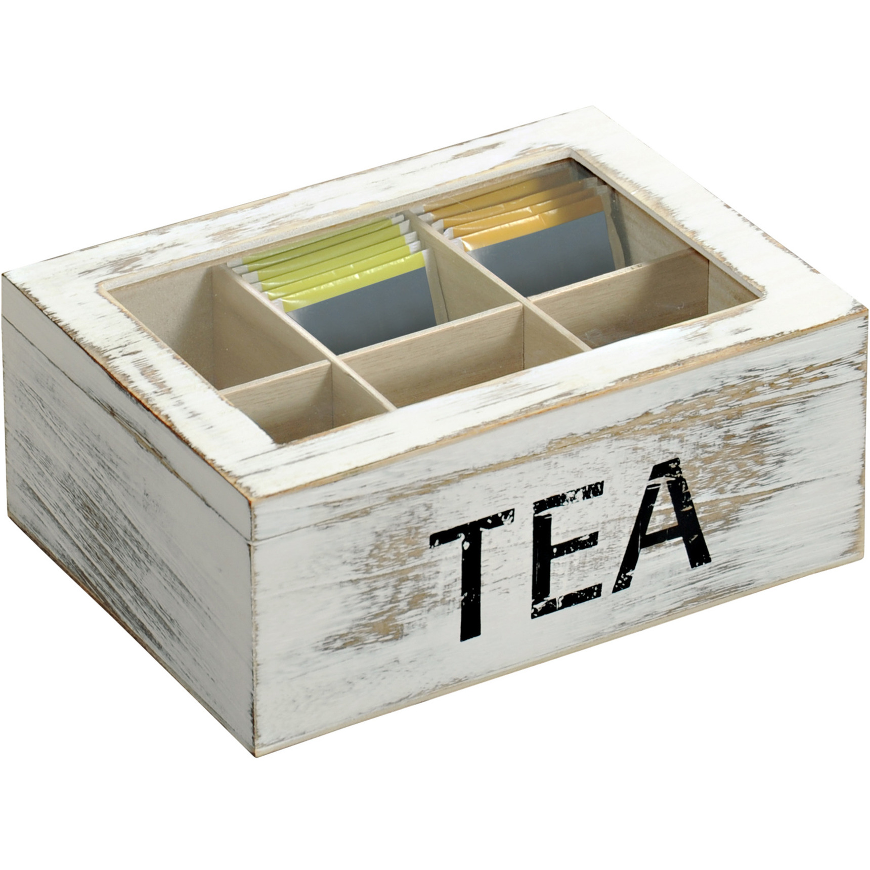 Houten witte theedoos-theekist met 6 vakken Tea 16 x 21,7 x 9 cm