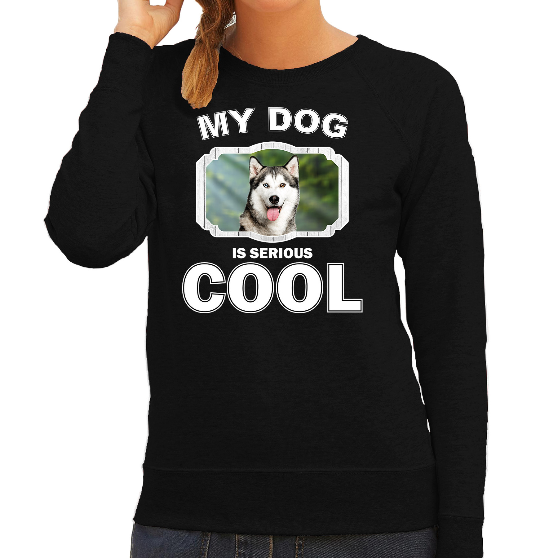 Husky honden sweater-trui my dog is serious cool zwart voor dames