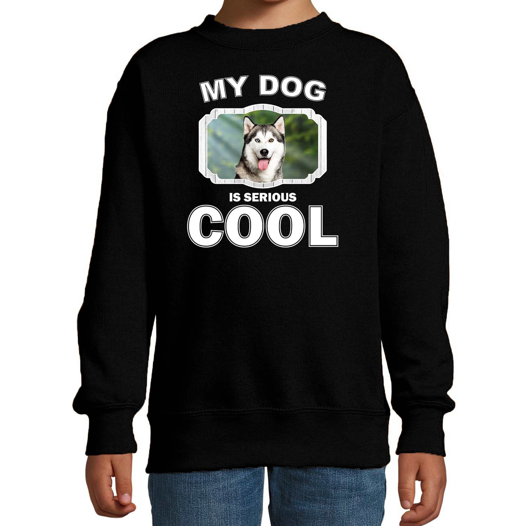 Husky honden trui-sweater my dog is serious cool zwart voor kinderen