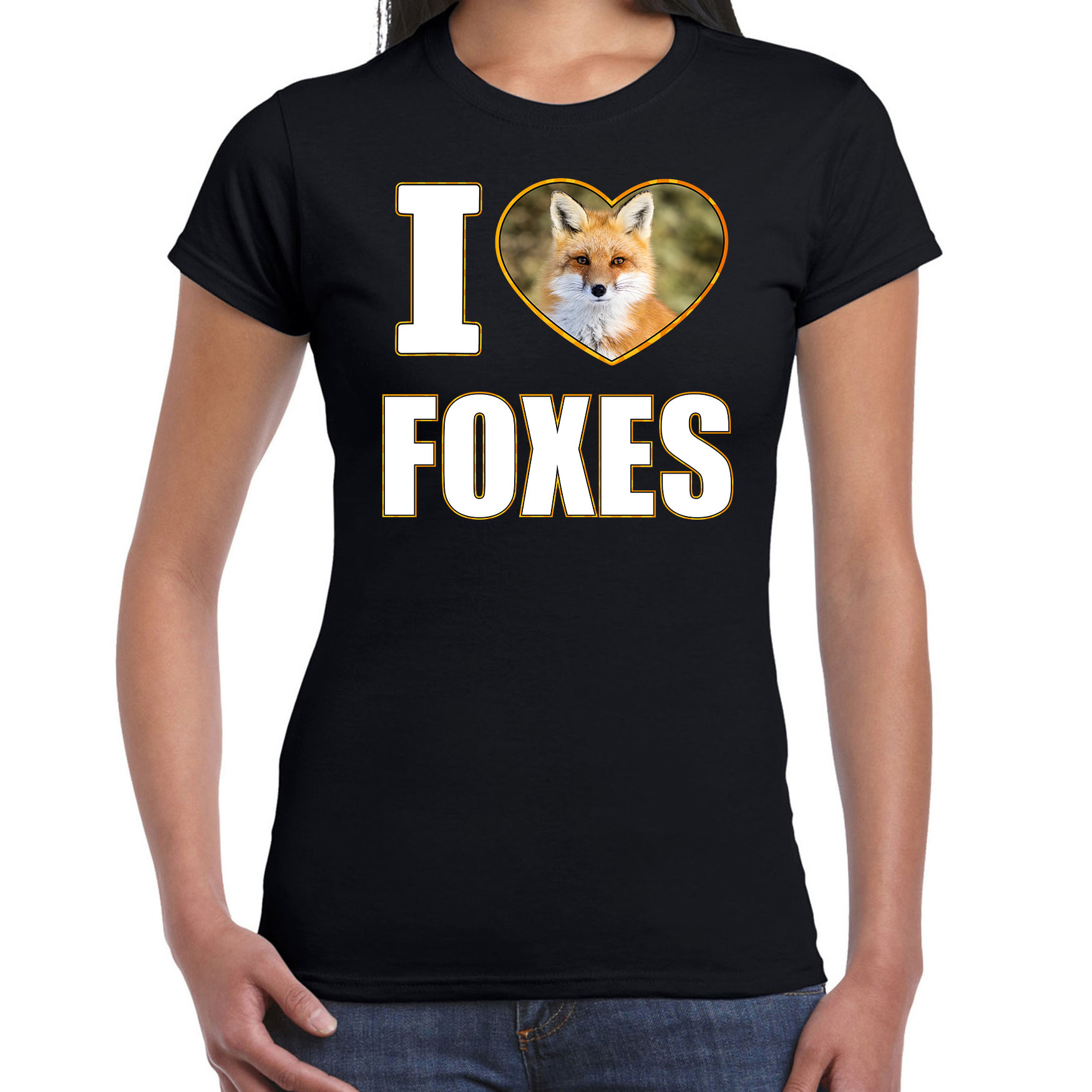 I love foxes t-shirt met dieren foto van een vos zwart voor dames