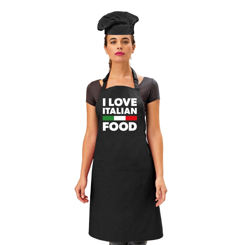 I love Italian food keukenschort met zwarte kokmuts voor dames -