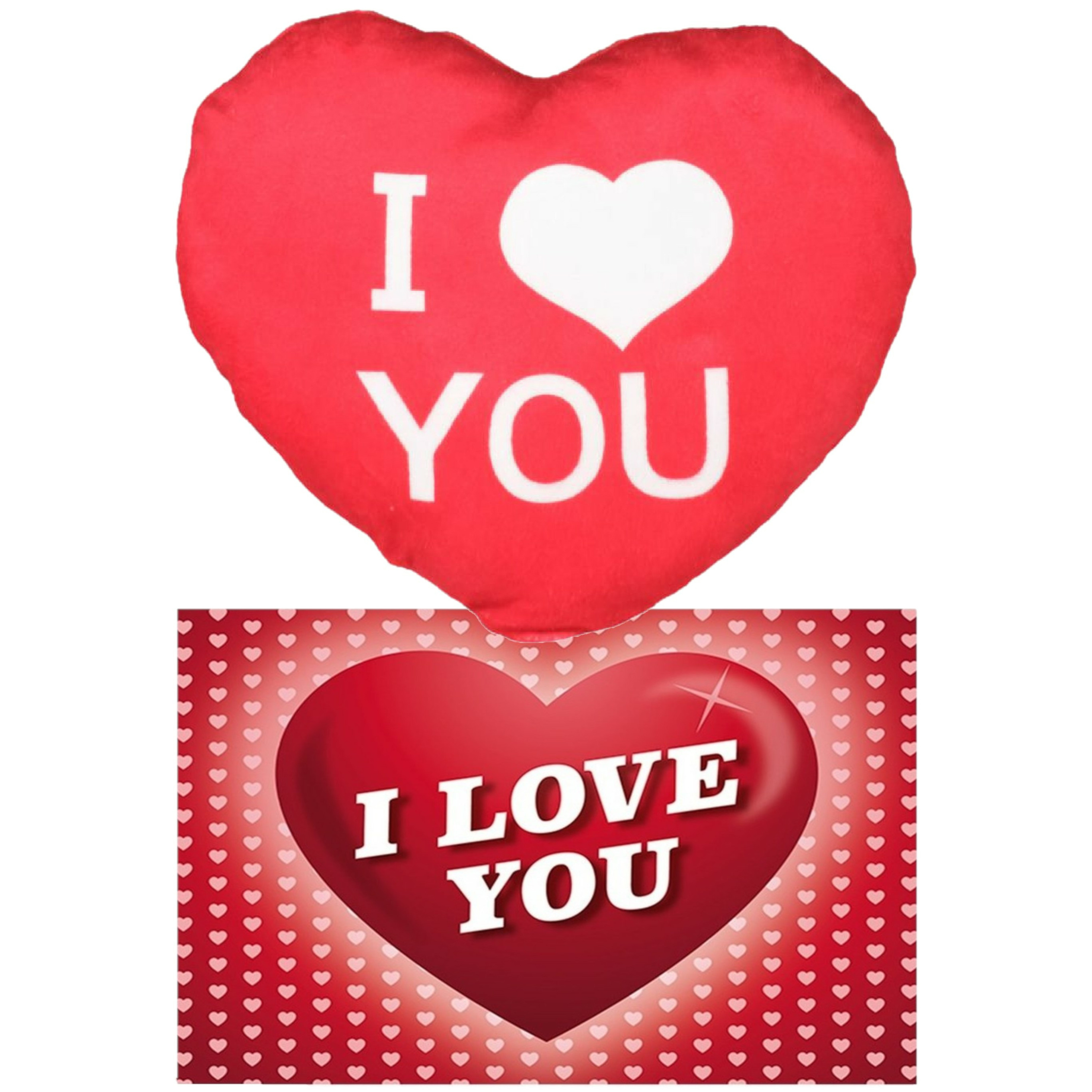 I Love You Set - Hartjes kussen met ansichtkaart - Rood - 20 cm -