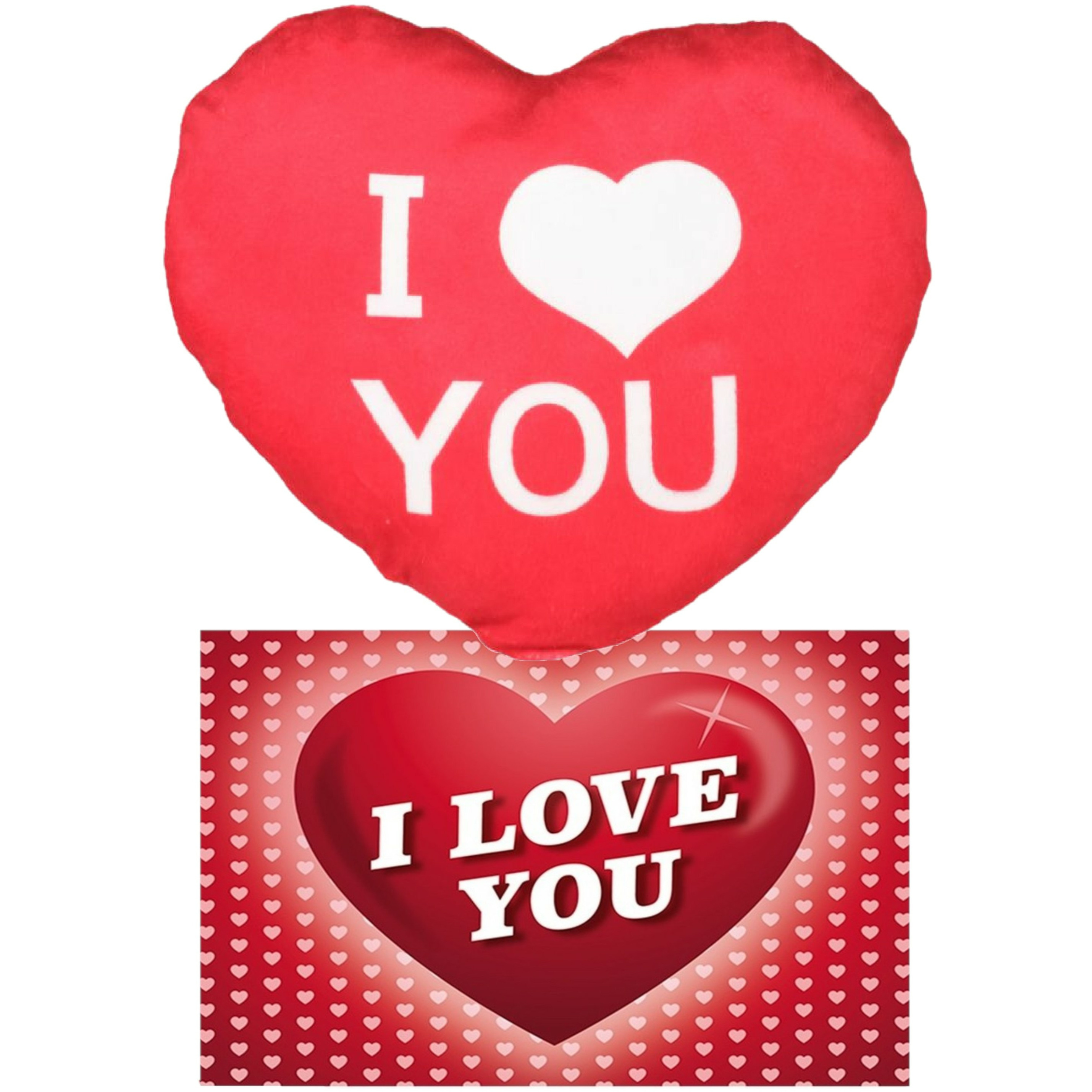 I Love You Set - Hartjes kussen met ansichtkaart - Rood - 25 cm -