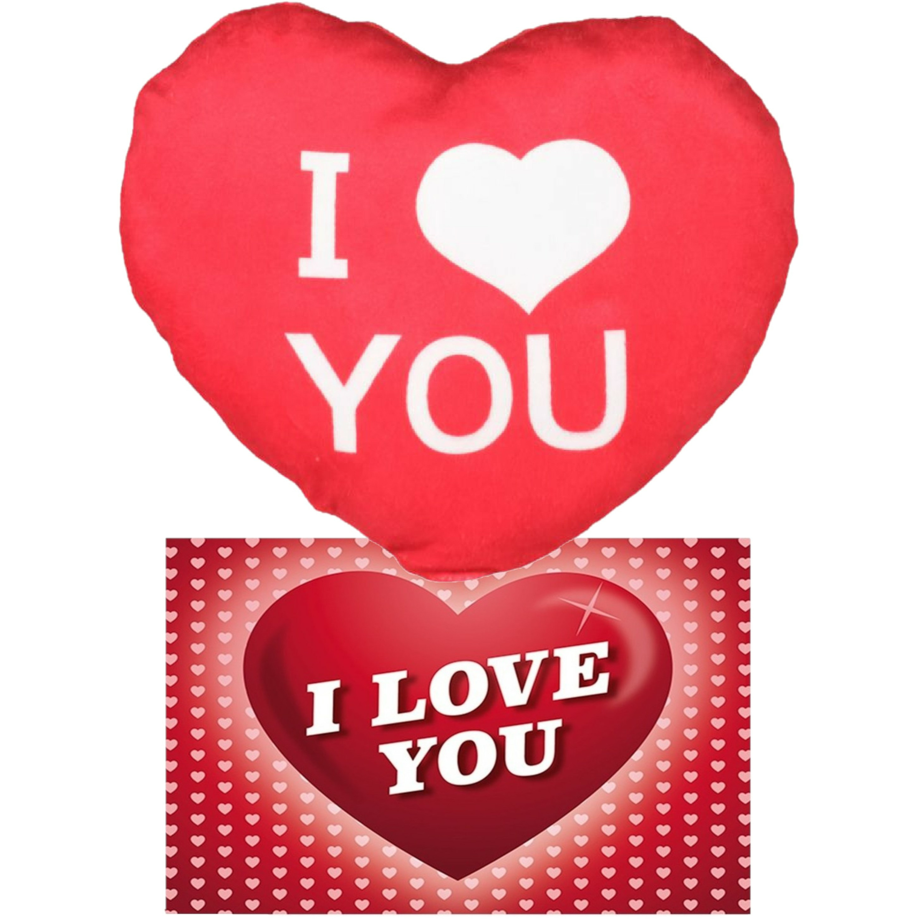 I Love You Set - Hartjes kussen met ansichtkaart - Rood - 30 cm -