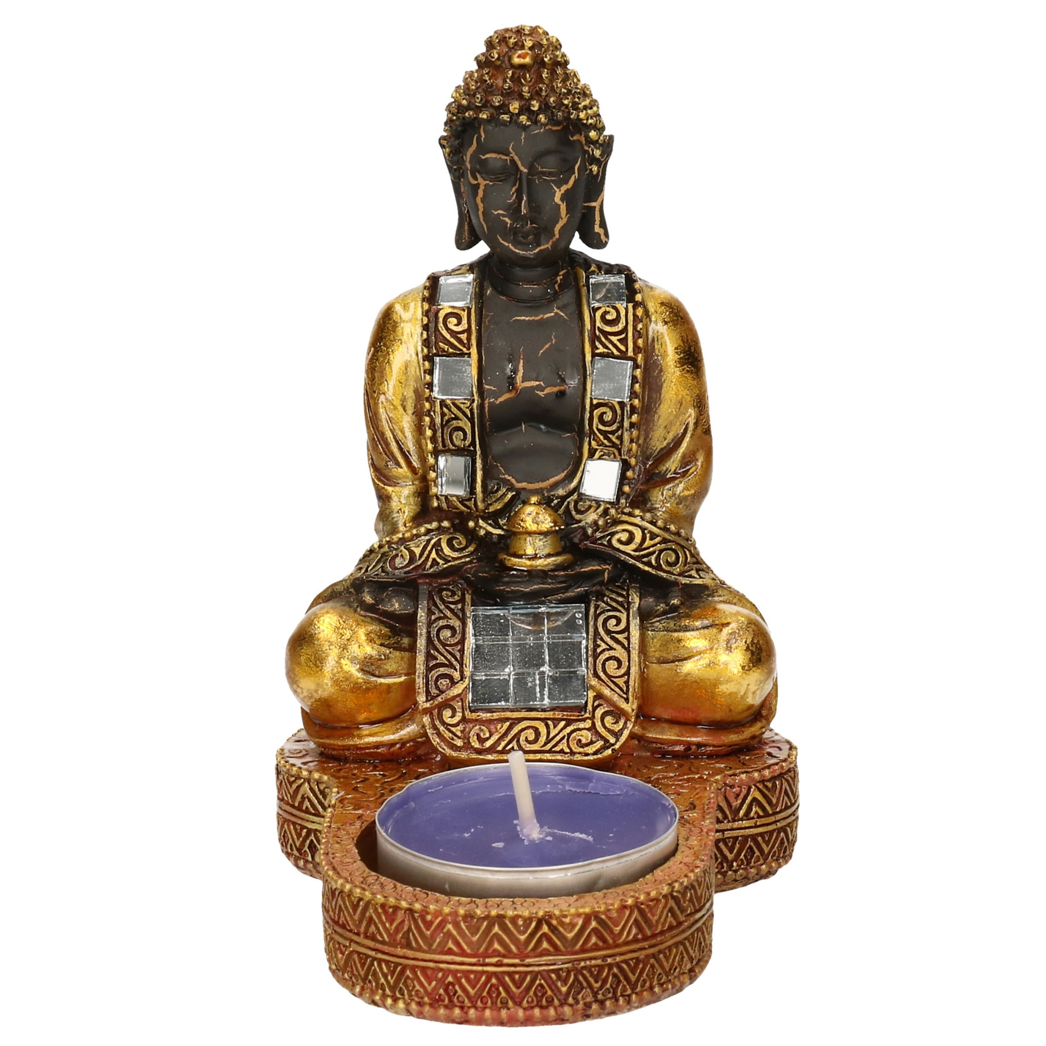 Indische boeddha theelichthouder goud-zwart 12 cm