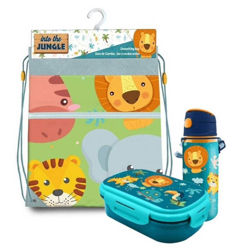 Into the jungle lunchbox set voor kinderen 3-delig blauw-groen incl. gymtas-schooltas