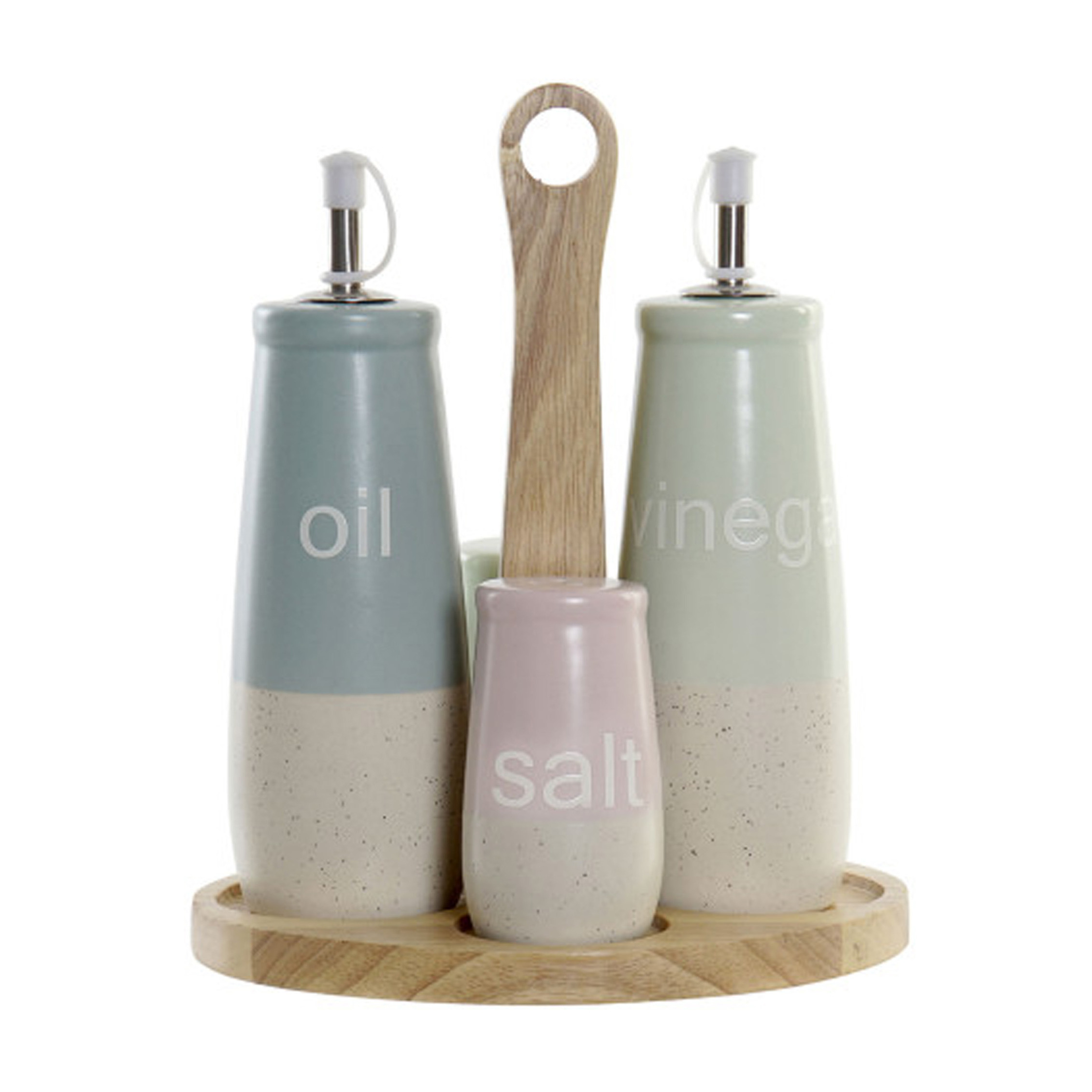 Items Azijn-Olie flessen tafelset met peper-zout vaatjes keramiek-bamboe kleurenmix