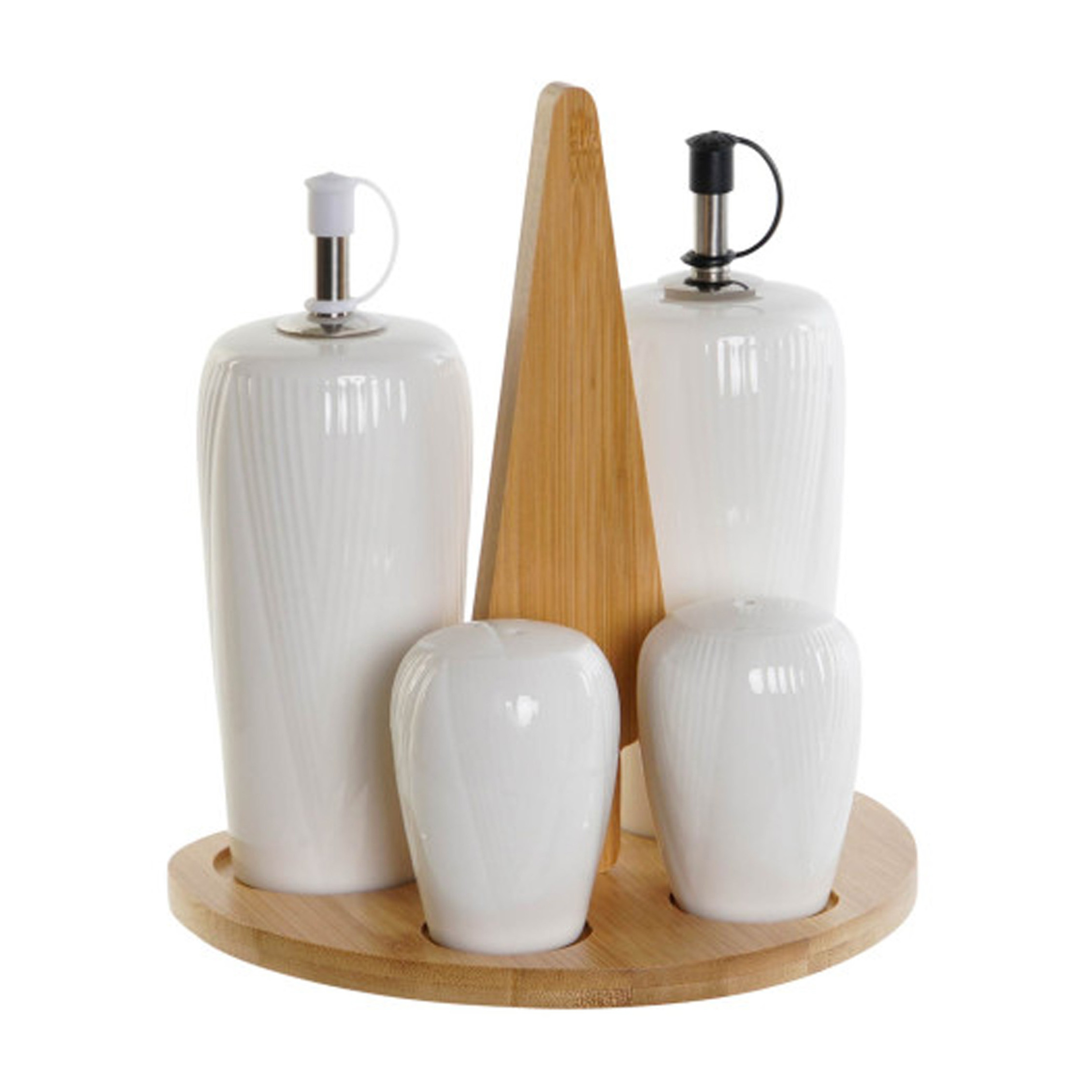 Items Azijn-Olie flessen tafelset met peper-zout vaatjes porselein-bamboe wit