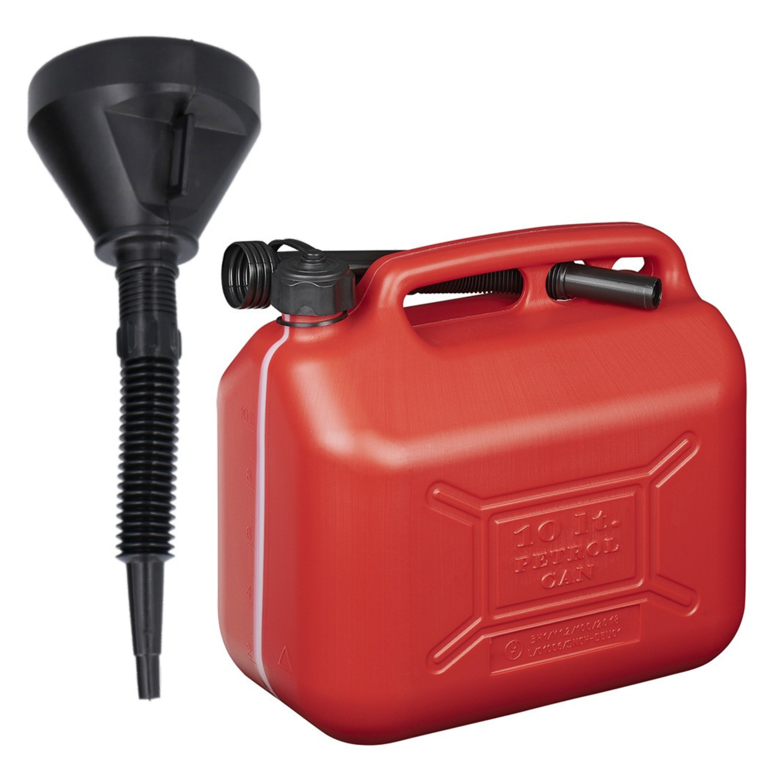 Jerrycan rood voor brandstof van 10 liter met een handige grote trechter