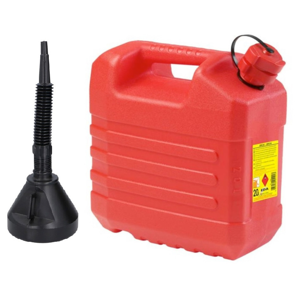 Jerrycan rood voor brandstof van 20 liter met een handige grote trechter