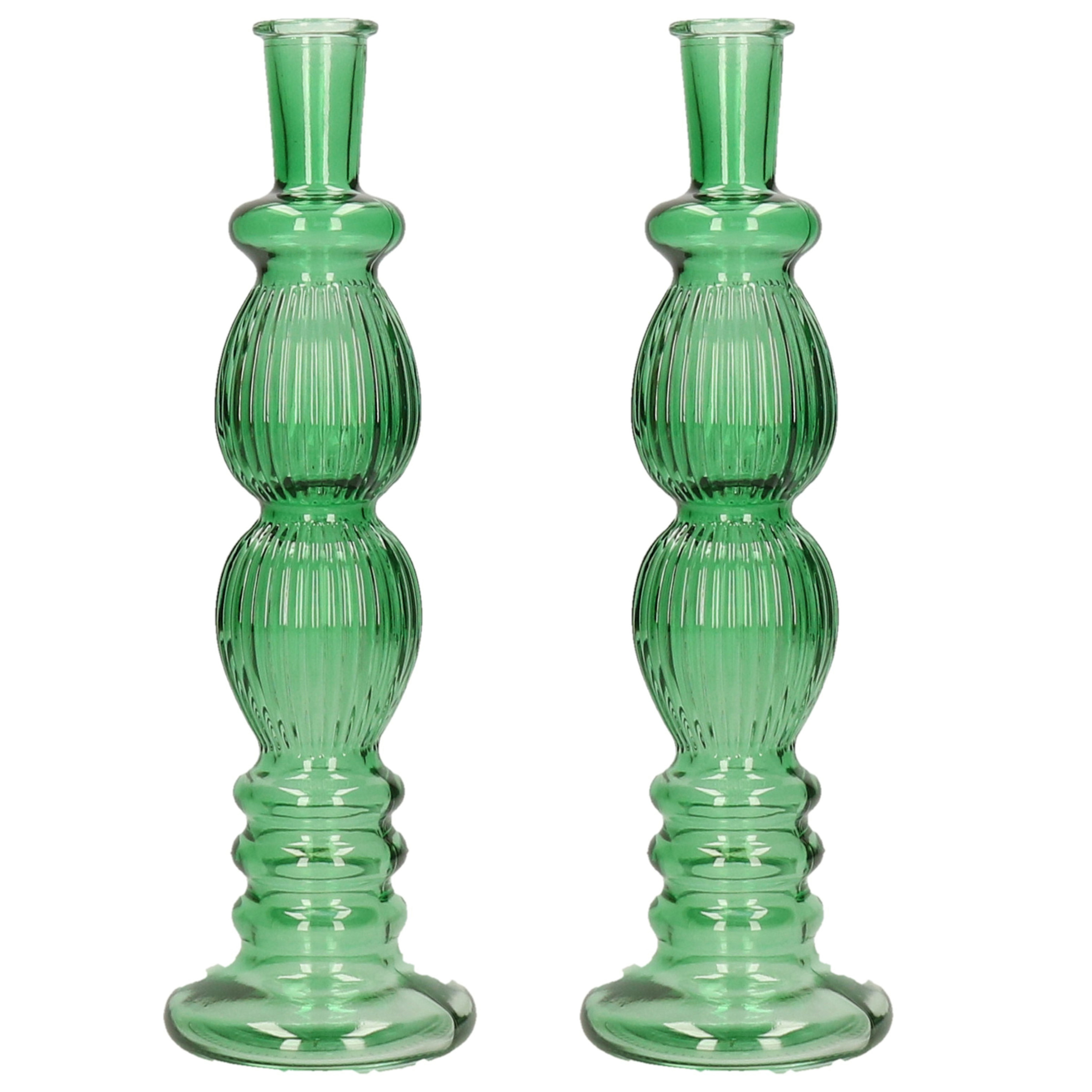 Kaarsen kandelaar Florence 2x groen glas ribbel D9 x H28 cm